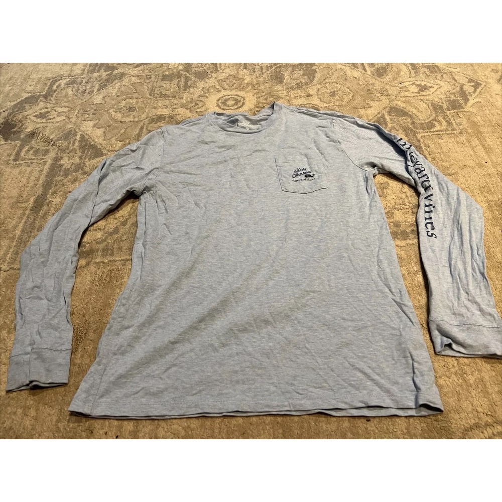 Vineyard Vines Merry Christmas Long Sleeve Shirt Boys Sz XL 18‎ Lt Blue